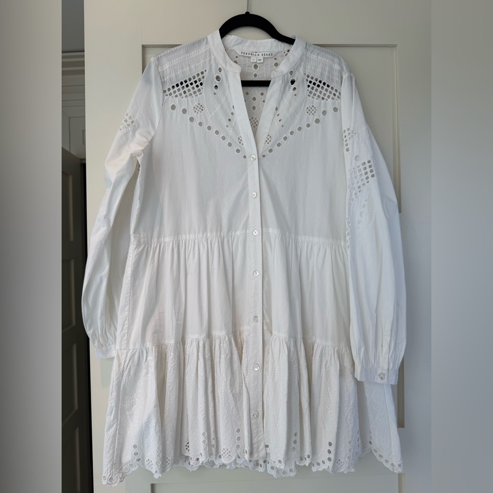 Veronica Beard White Tiered Midi Dress with Mandarin Collar